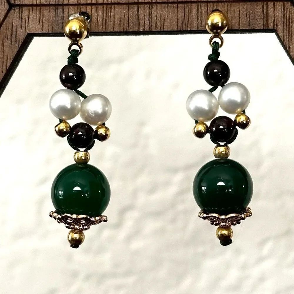 Gold tone green agate and pearl drop earrings